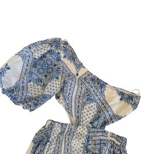 Blue and white one shoulder puff sleeve cutout dress